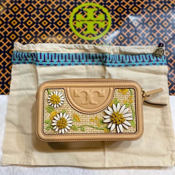 NWT! Tory Burch Embroidered Straw Double-Zip Mini Bag - Picture 7 of 7